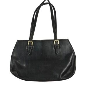 MILA PAOLI Black Leather Shoulder Bag Brass‎ Tone Buckle Detail Top Zip Closure